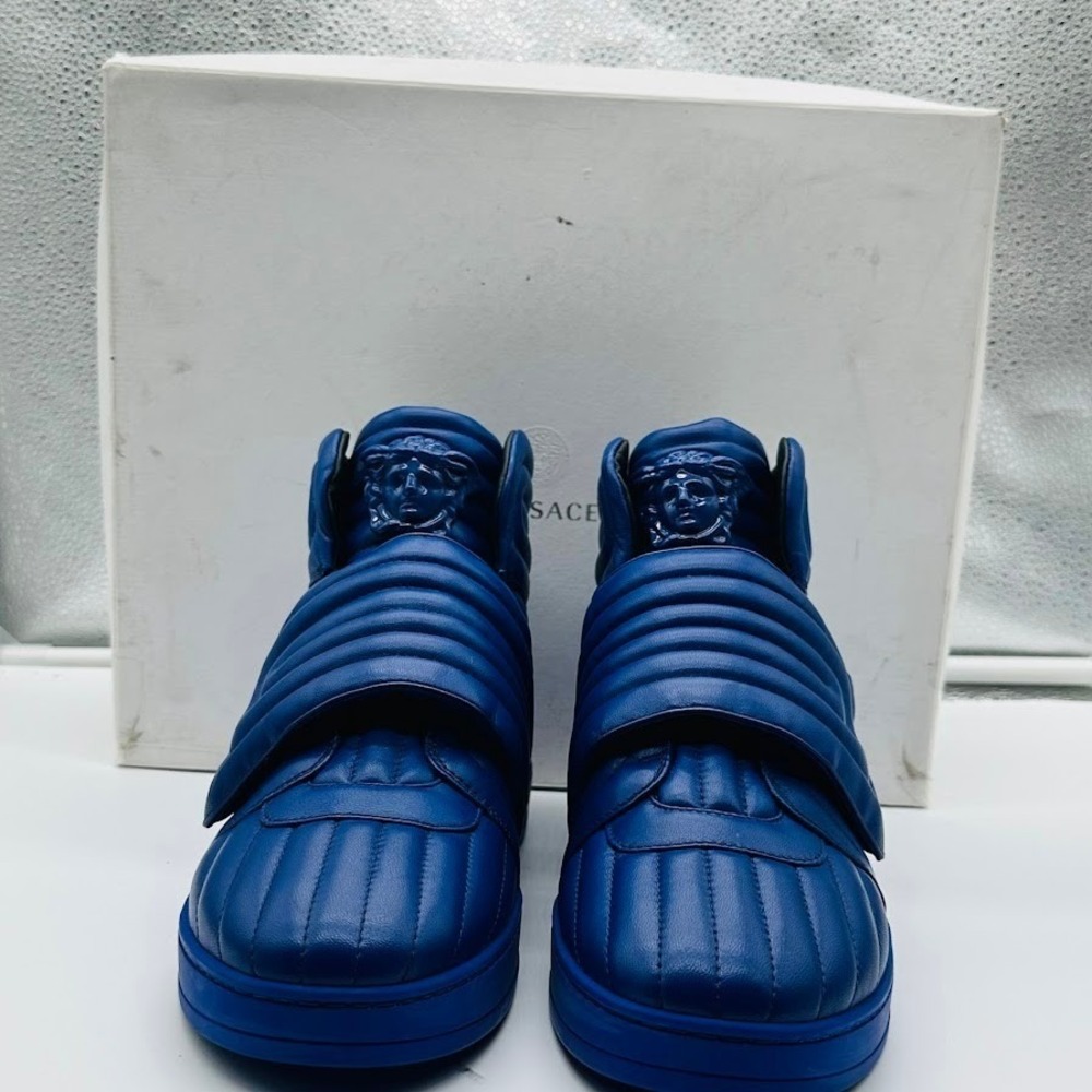 Versace Medusa Head Quilted‎ Leather High Top Sneakers Blue Mens Luxury Shoes